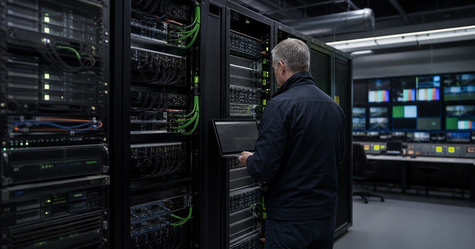 A broadcast engineer inspects AI inference servers in a television technical facility.